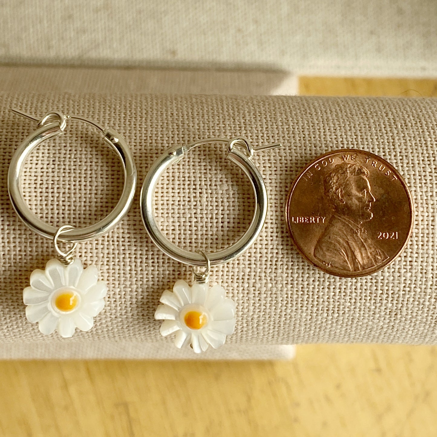 Daisy Hoop Earrings Silver or Gold Mother Of Pearl Flower Hoops