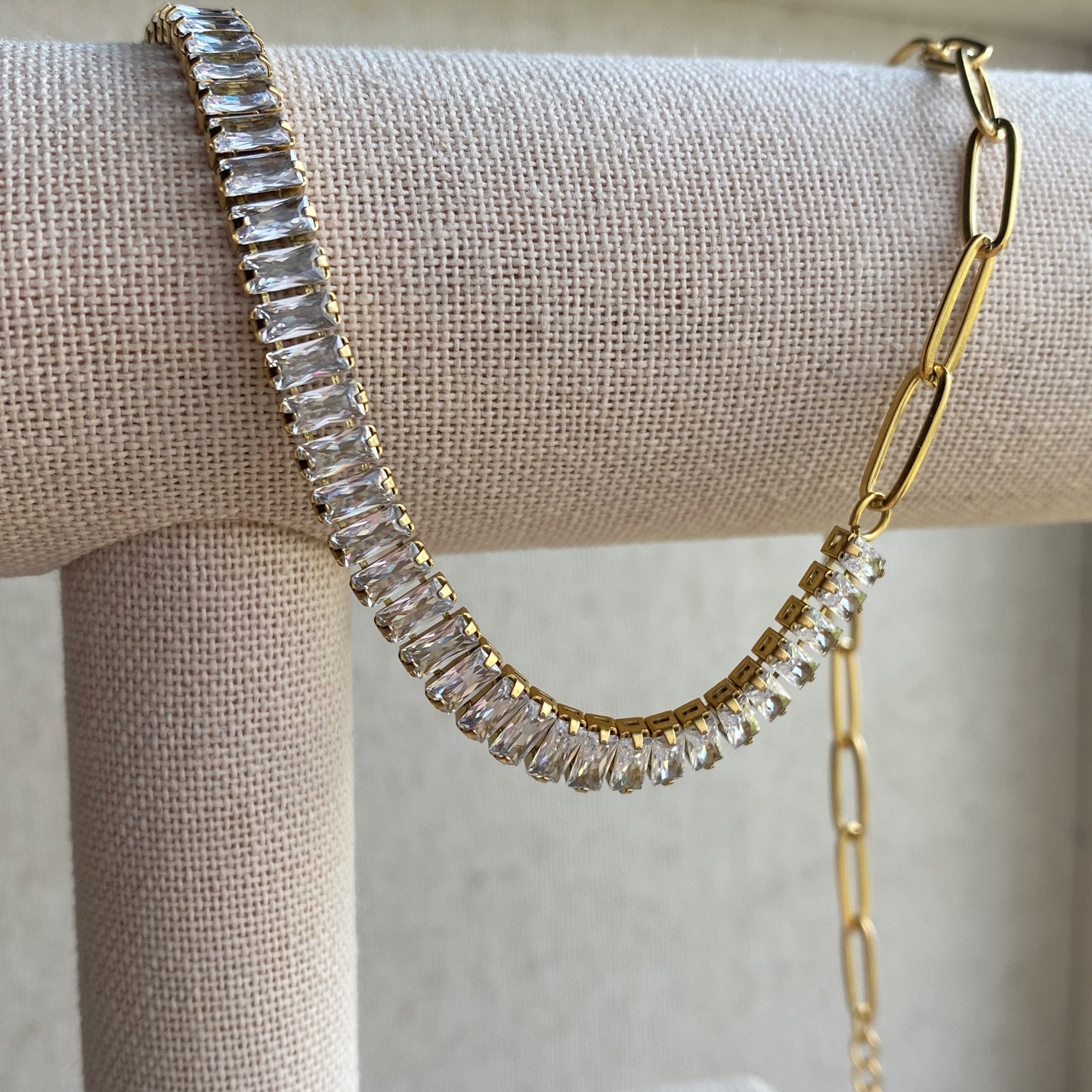 Gold Choker Necklace Half and Half Baguette CZ Tennis Paperclip Chain Waterproof Jewelry