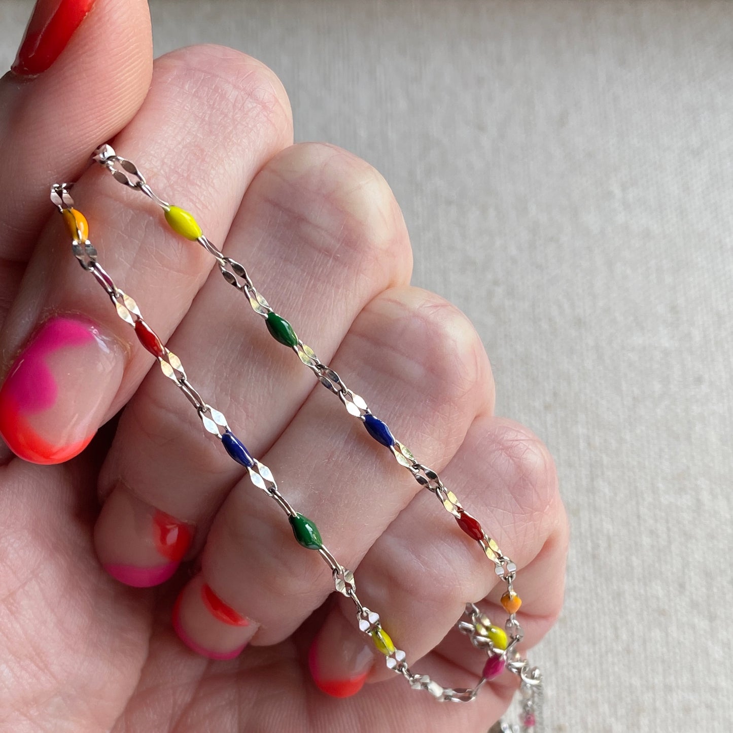 Silver Necklace Rainbow Colorful Dainty Lace Chain Stainless Steel Waterproof