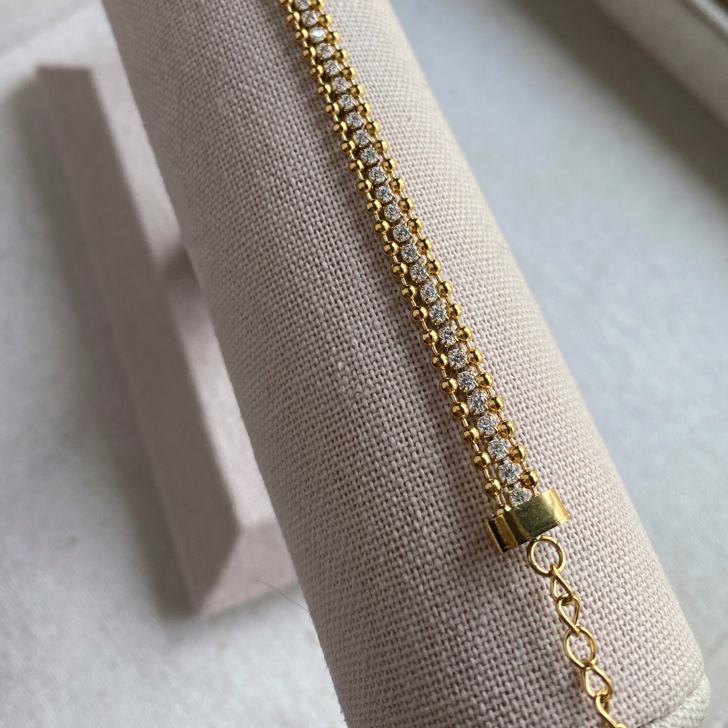 Gold Stainless Steel Tennis Bracelet Ball Chain CZ Waterproof Jewelry