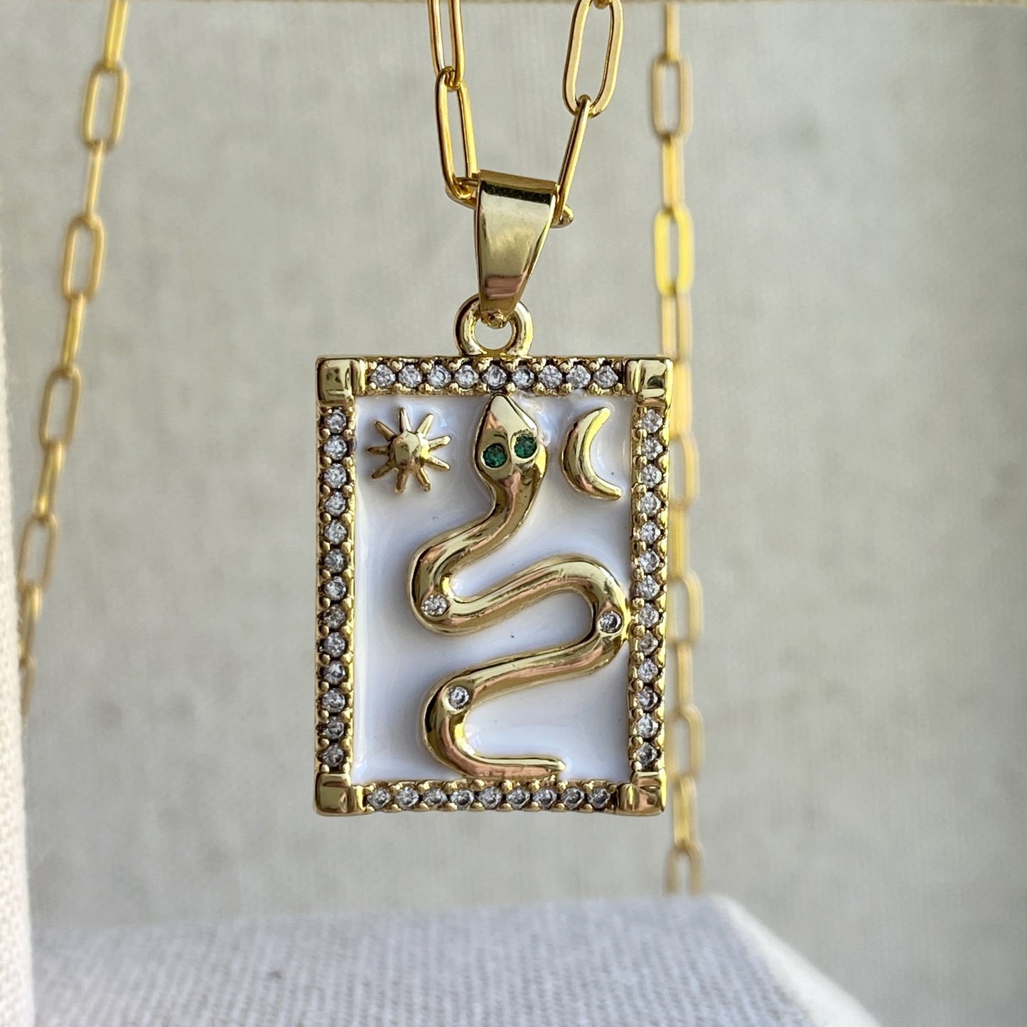 Snake Sun Moon Gold Enamel Pendant Square Necklace Stainless Steel