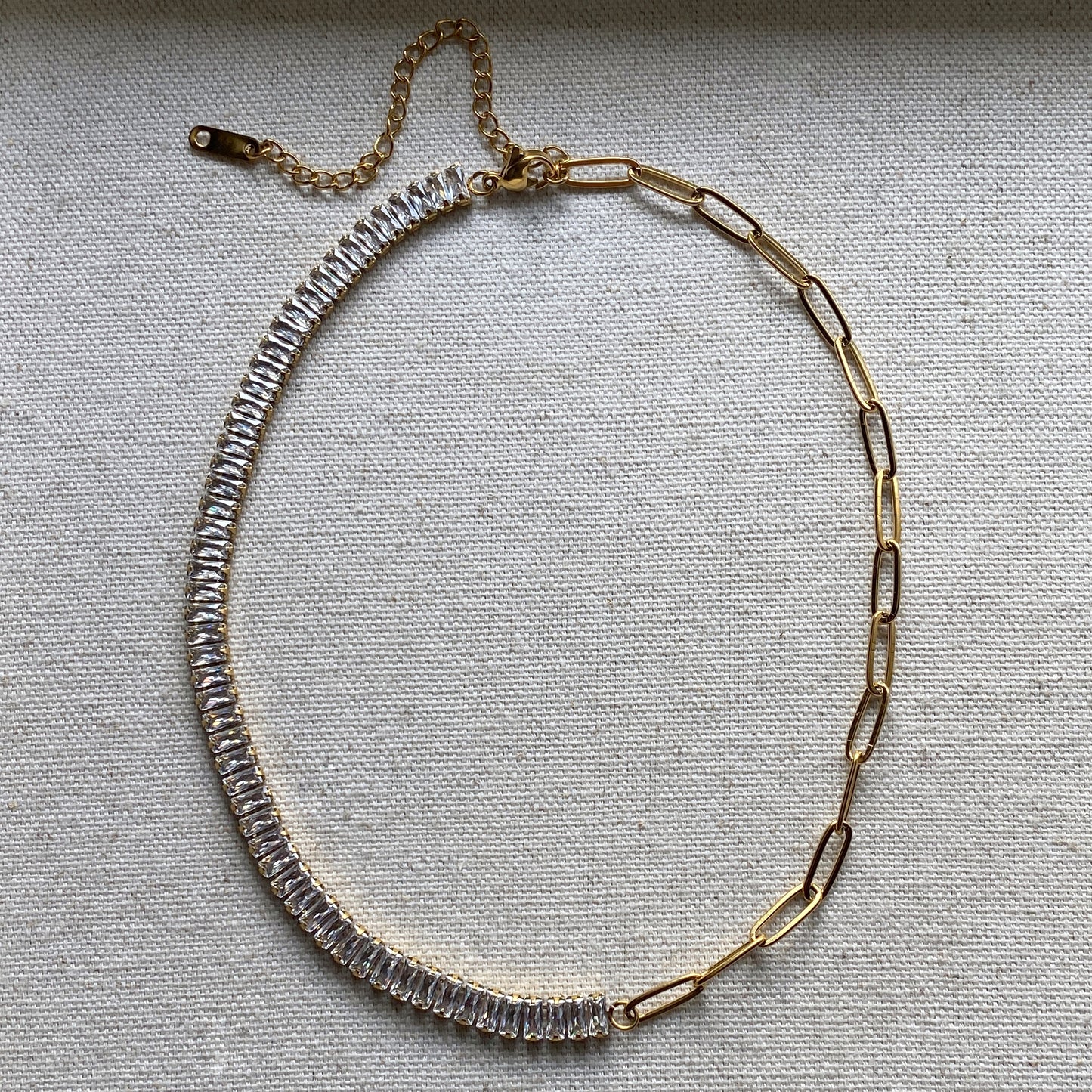 Gold Choker Necklace Half and Half Baguette CZ Tennis Paperclip Chain Waterproof Jewelry