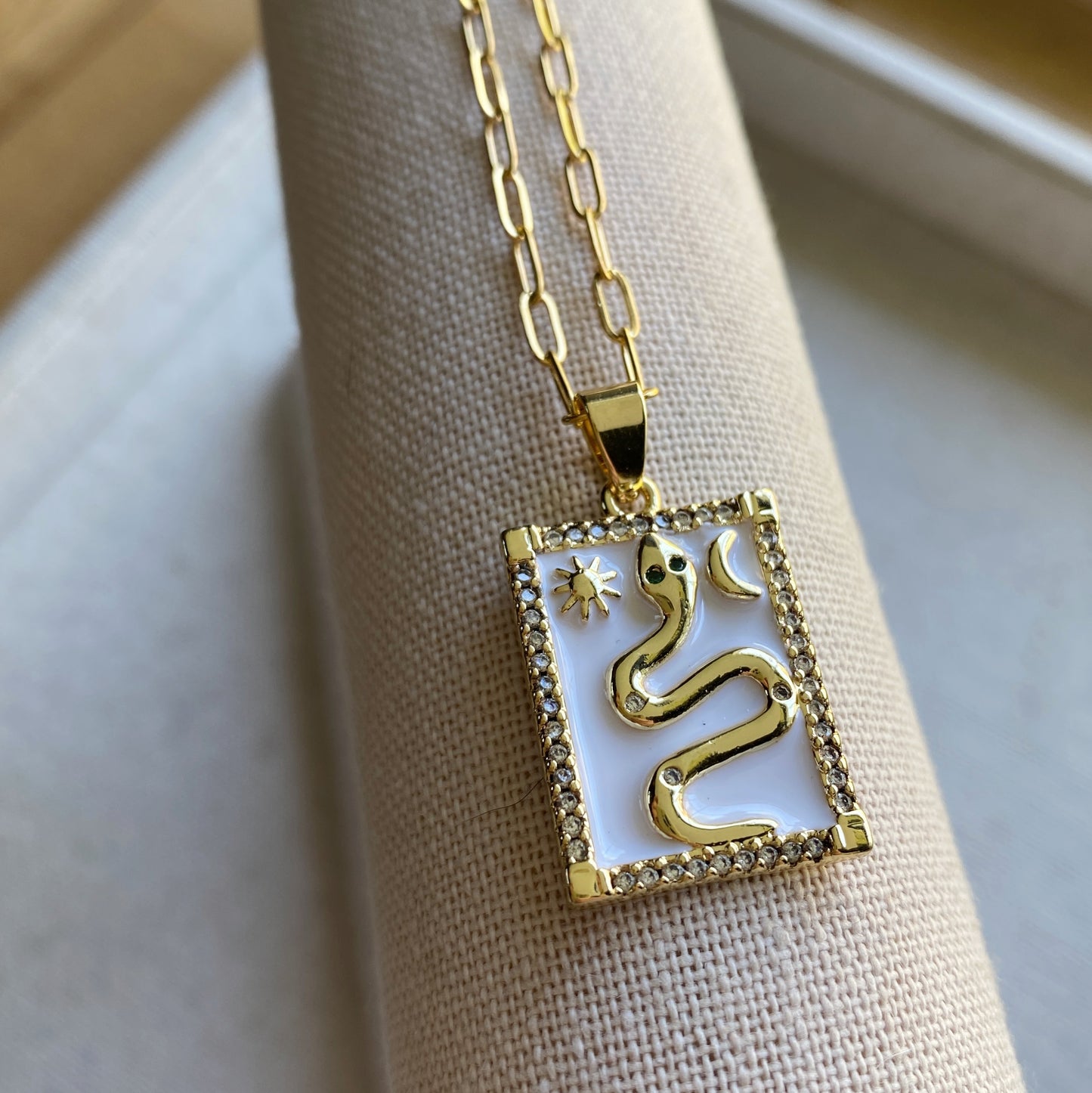 Snake Sun Moon Gold Enamel Pendant Square Necklace Stainless Steel