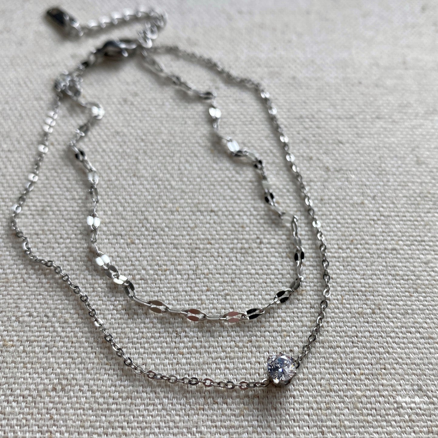 Silver Anklet Double Chain CZ Dainty Stainless Steel Waterproof Jewelry