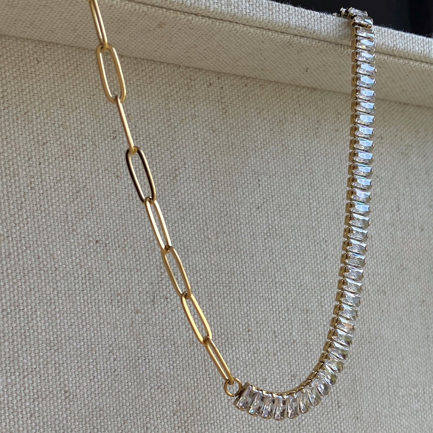 Gold Choker Necklace Half and Half Baguette CZ Tennis Paperclip Chain Waterproof Jewelry