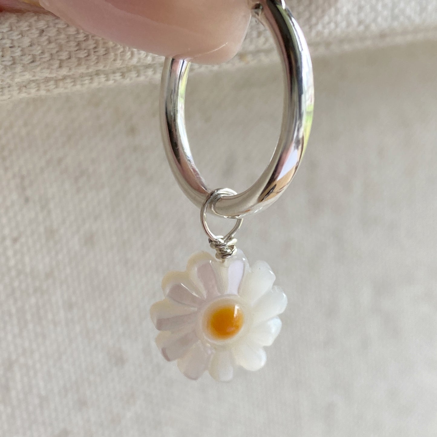 Daisy Hoop Earrings Silver or Gold Mother Of Pearl Flower Hoops