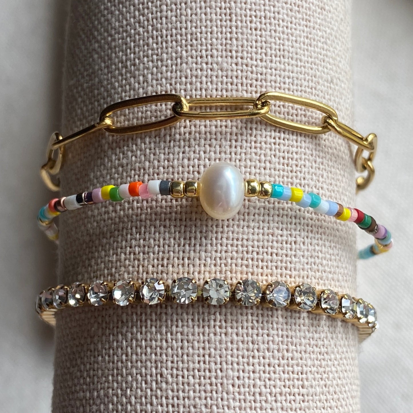 Beaded Adjustable Bracelet Seed Bead Pastel Gold Jewelry