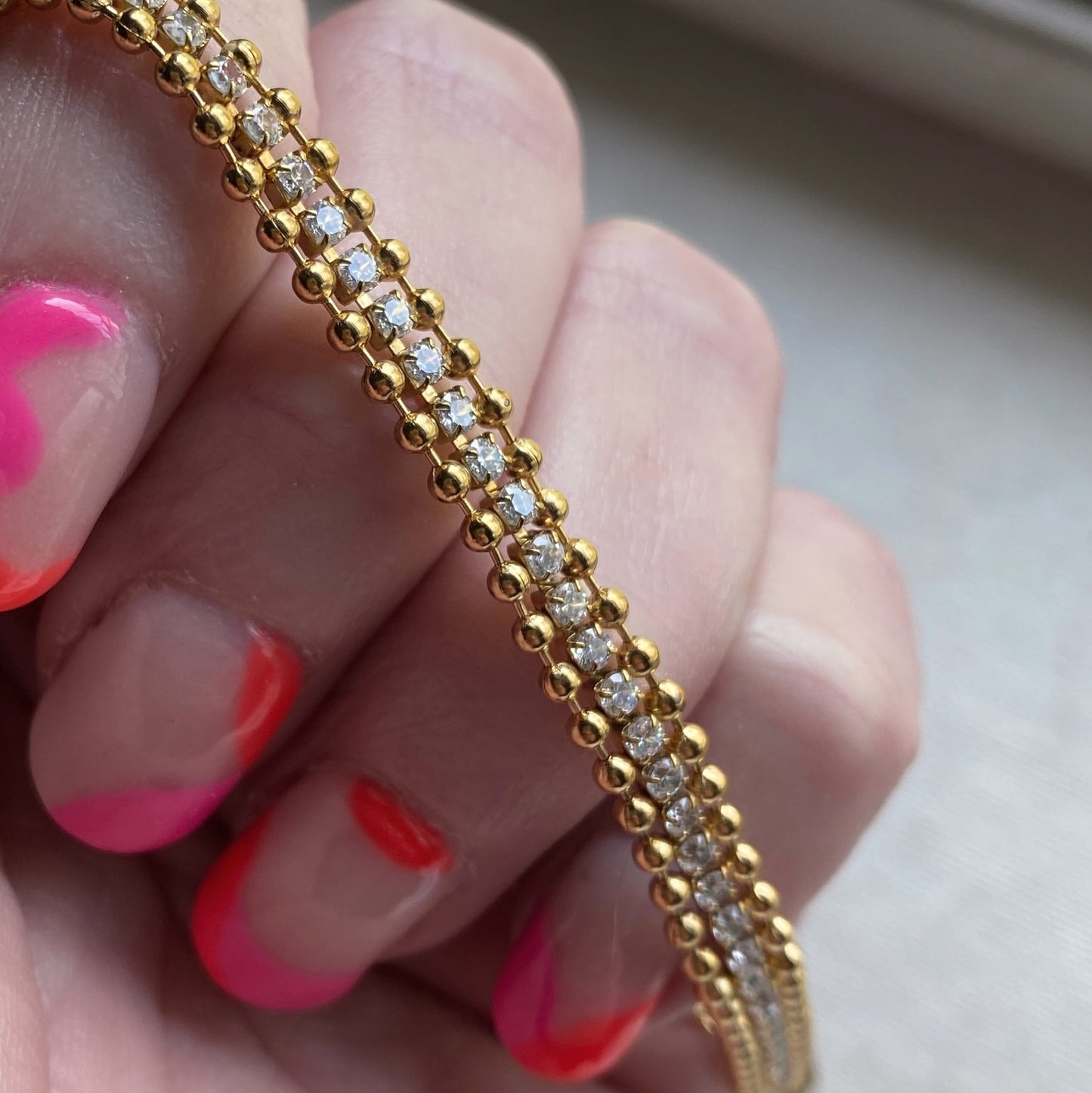 Gold Stainless Steel Tennis Bracelet Ball Chain CZ Waterproof Jewelry