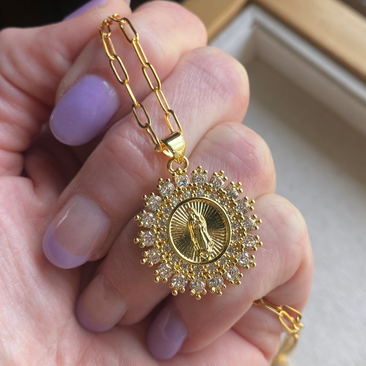 Gold Sacred Mother Necklace CZ Pendant Paperclip Religious Mary Medal