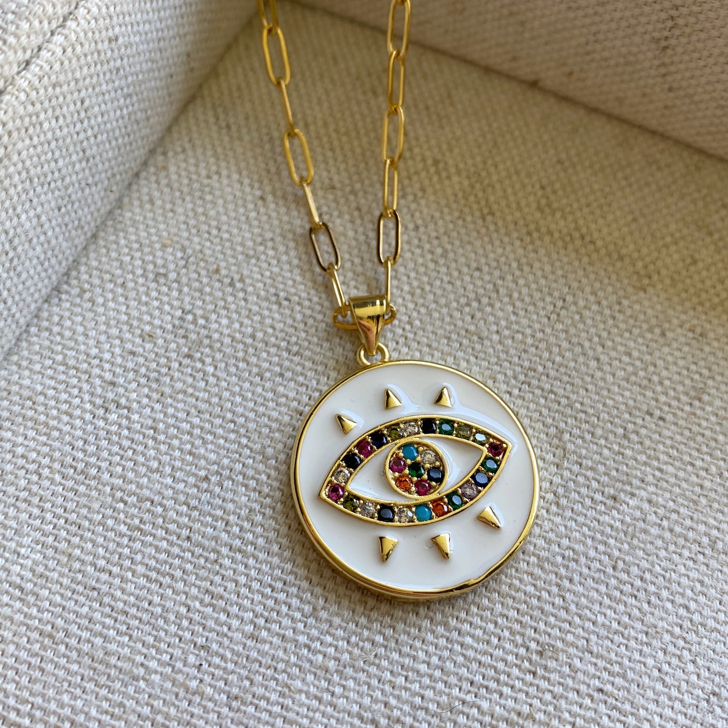 Evil Eye Of Protection Gold Pendant Enamel Gem Layering Necklace