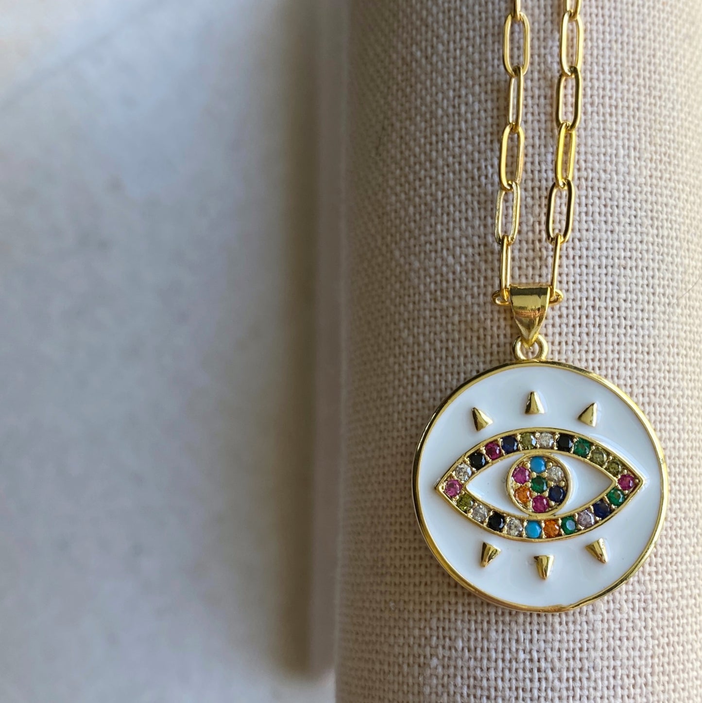 Evil Eye Of Protection Gold Pendant Enamel Gem Layering Necklace