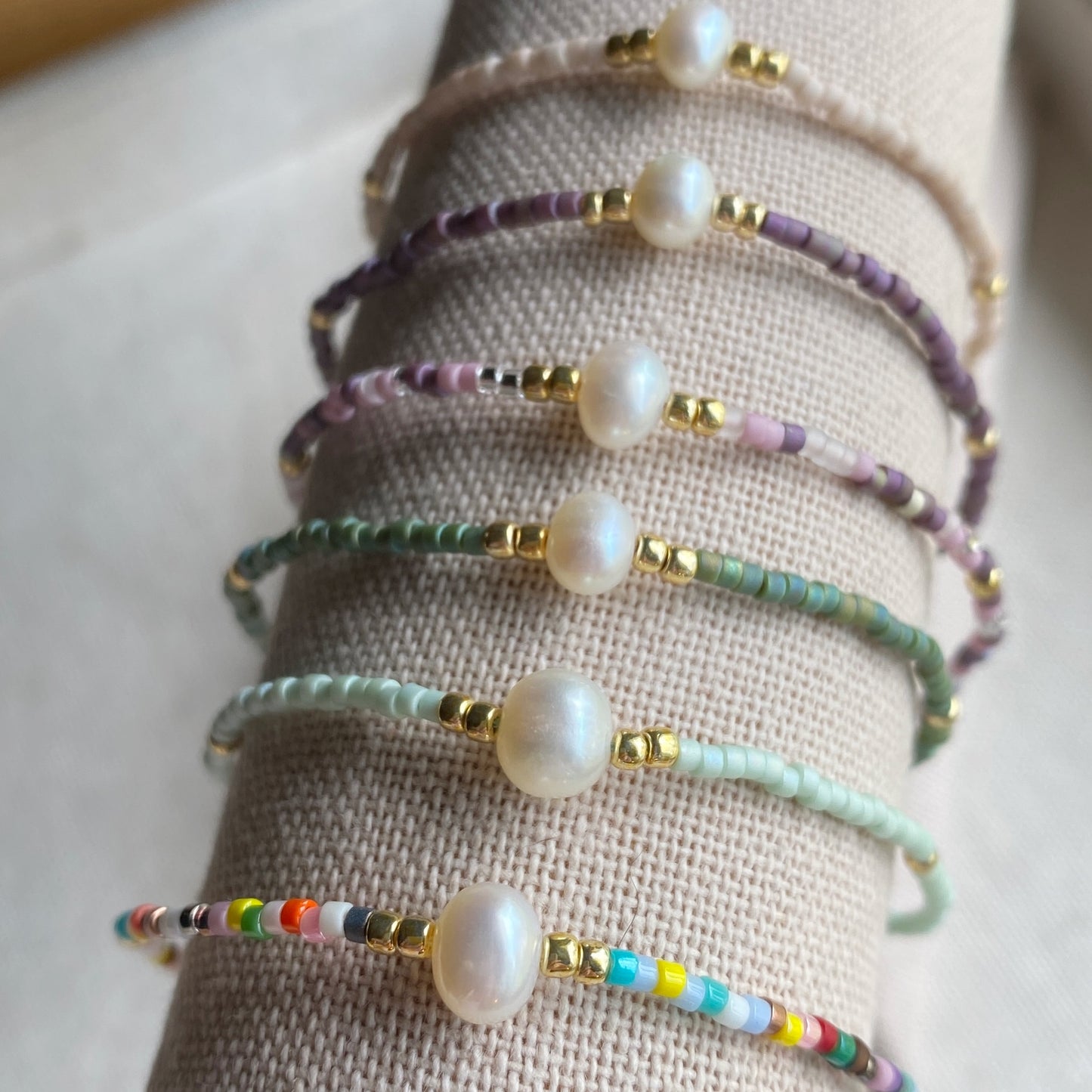 Beaded Adjustable Bracelet Seed Bead Pastel Gold Jewelry