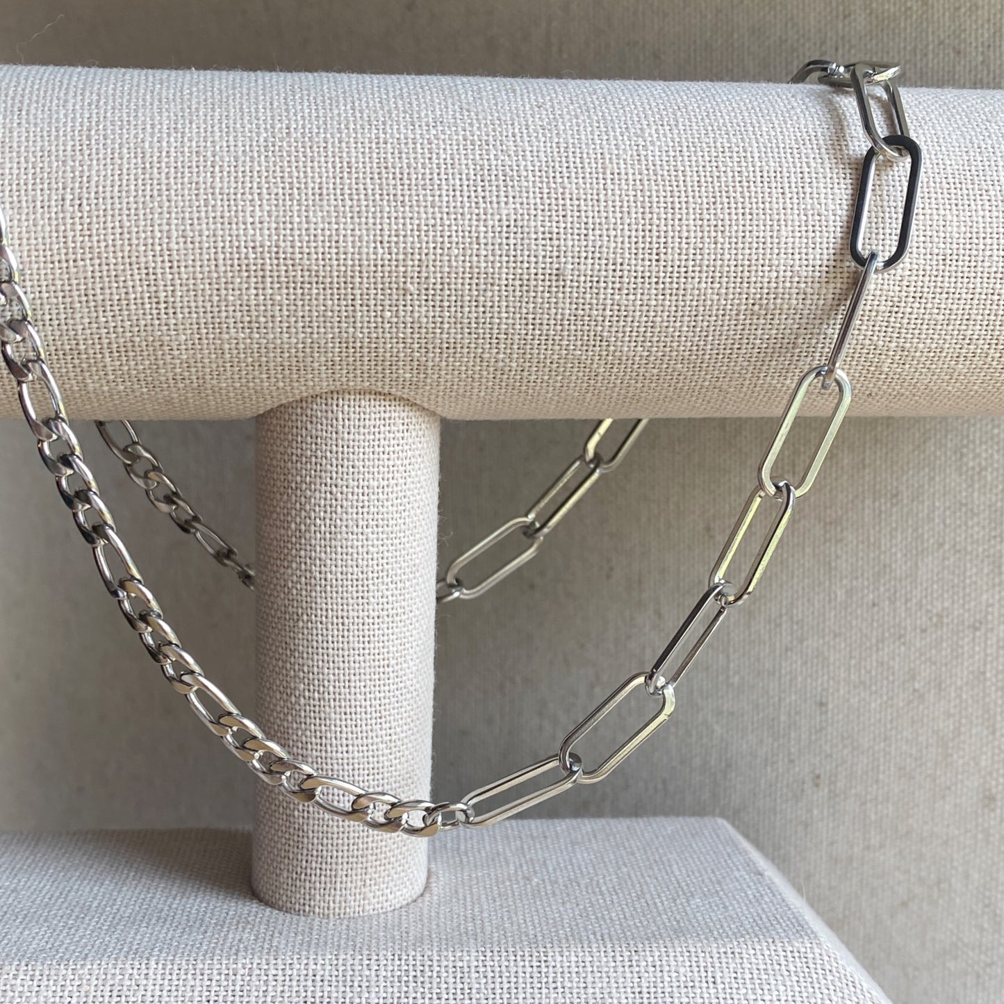 Half and Half Necklace Waterproof Stainless Steel Figaro Paperclip Chain Jewelry Adjustable Length