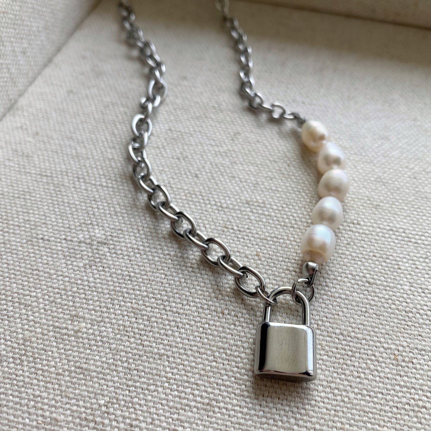 Pearl Lock Necklace Silver Stainless Steel Chunky Jewelry