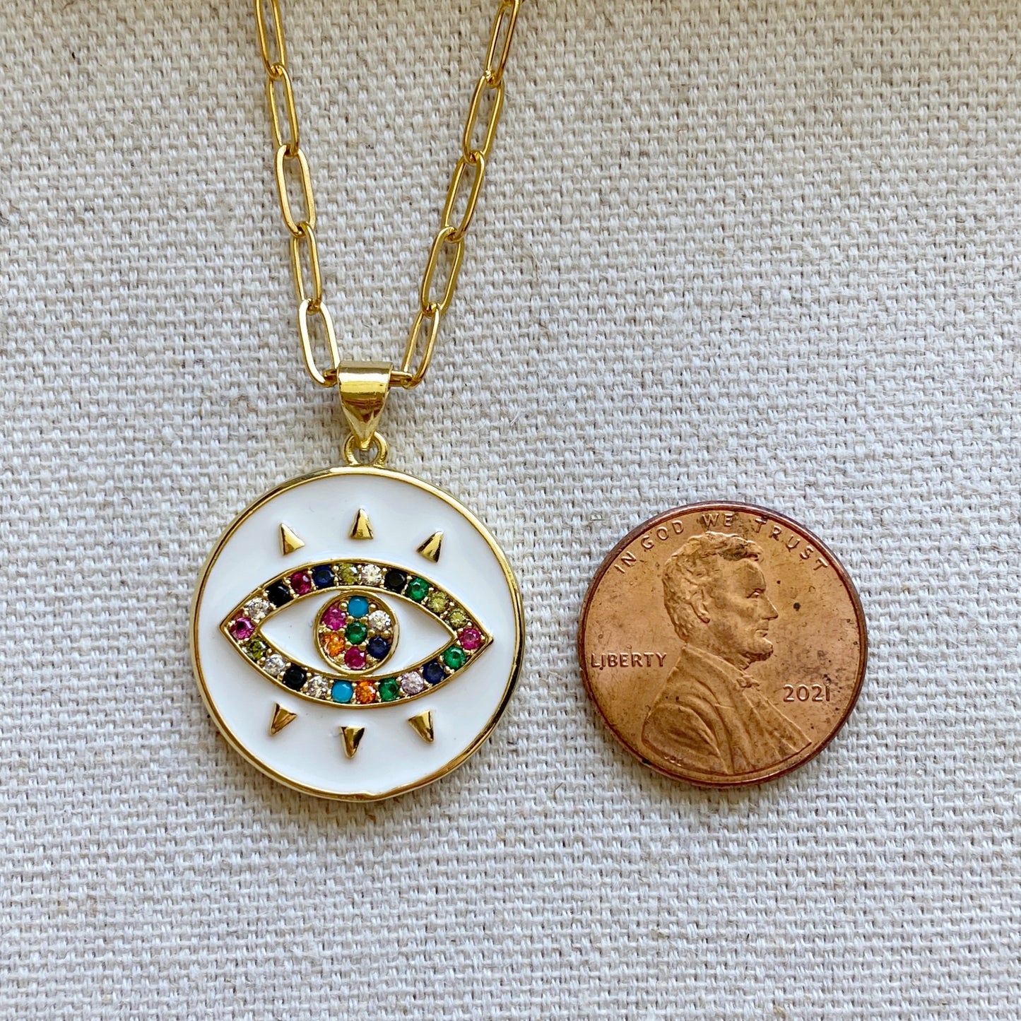 Evil Eye Of Protection Gold Pendant Enamel Gem Layering Necklace
