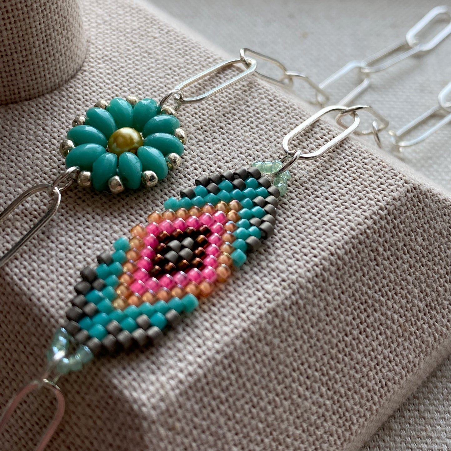 Beaded Bracelet Hand Woven Geometric Sterling Silver Paperclip Chain