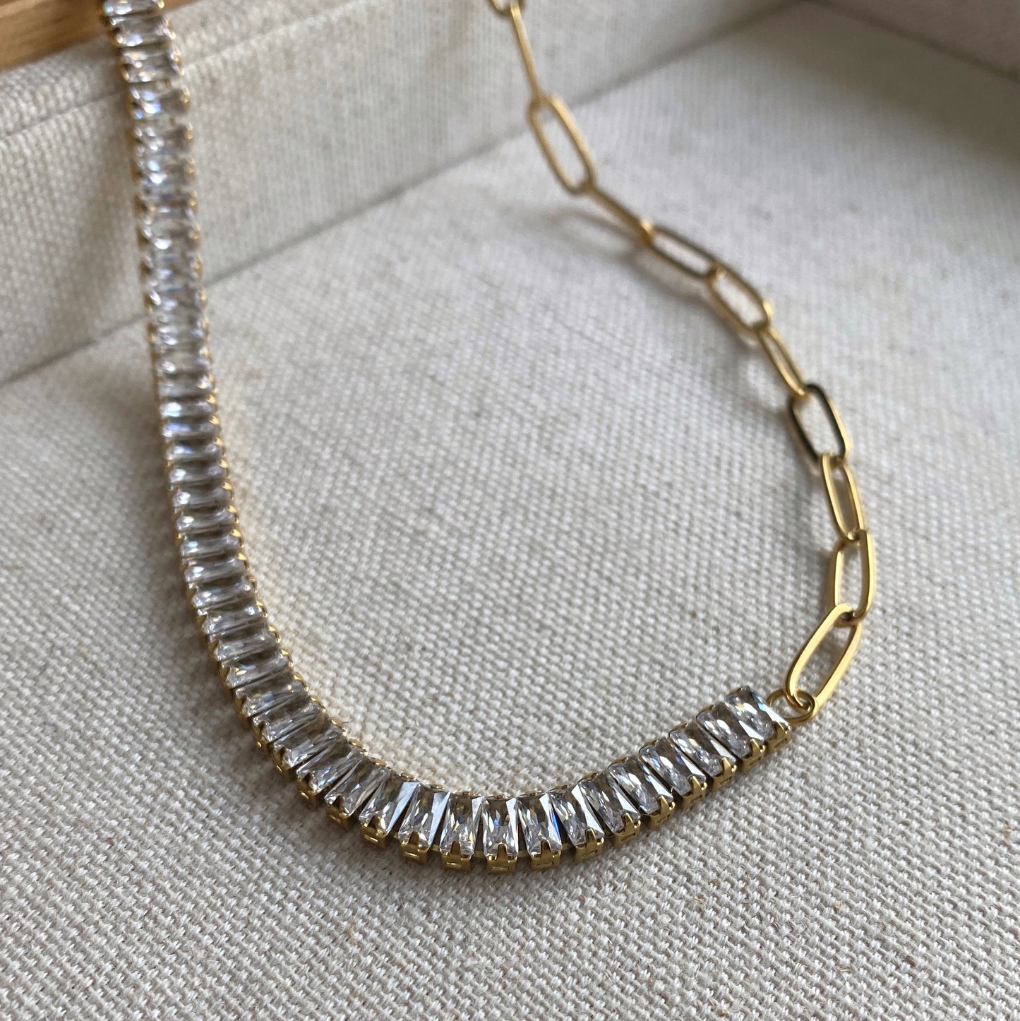 Gold Choker Necklace Half and Half Baguette CZ Tennis Paperclip Chain Waterproof Jewelry