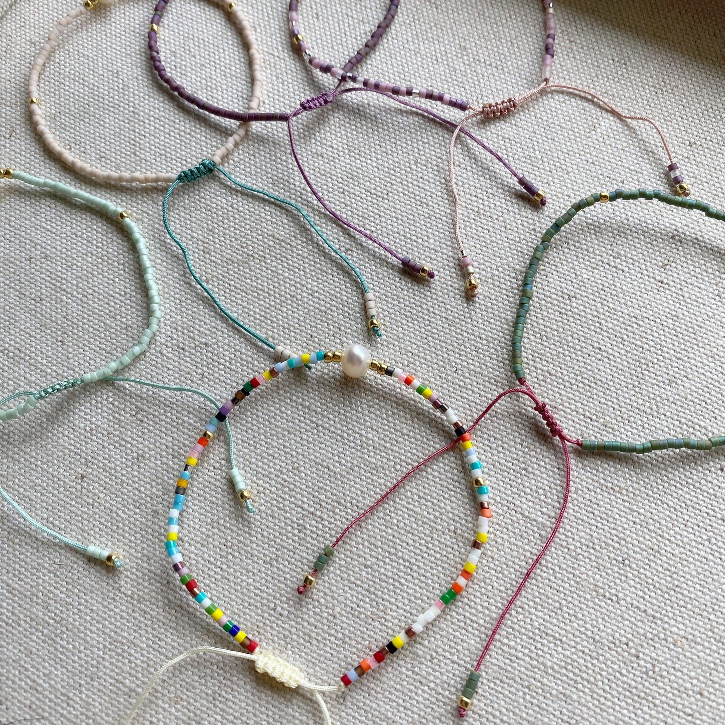 Beaded Adjustable Bracelet Seed Bead Pastel Gold Jewelry