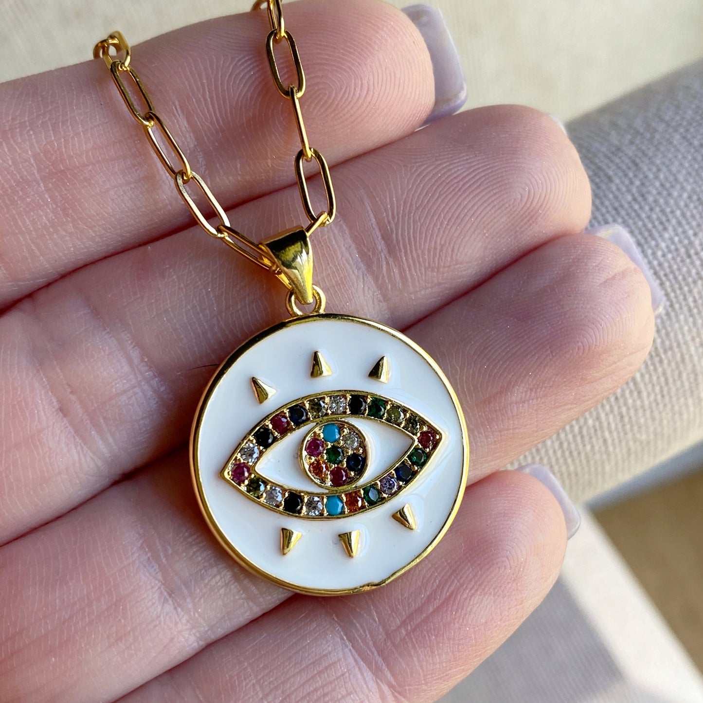 Evil Eye Of Protection Gold Pendant Enamel Gem Layering Necklace