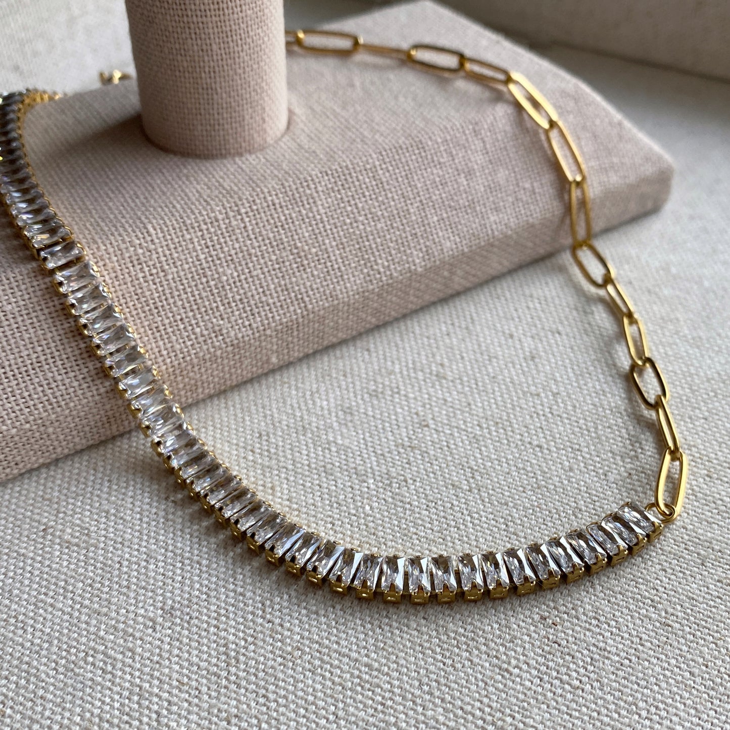Gold Choker Necklace Half and Half Baguette CZ Tennis Paperclip Chain Waterproof Jewelry