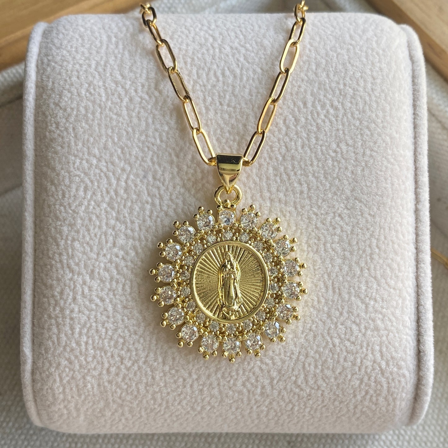 Gold Sacred Mother Necklace CZ Pendant Paperclip Religious Mary Medal