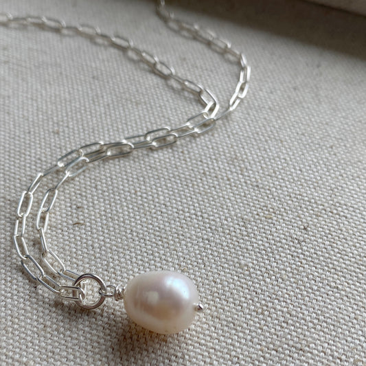 Large Pearl Paperclip Chain Necklace Sterling Silver