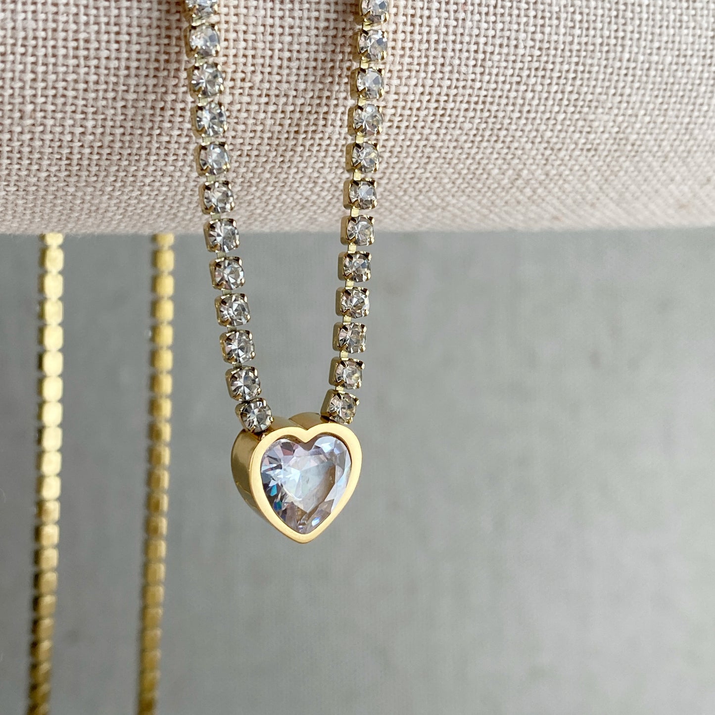 Gold Tennis Chain CZ Heart Necklace Stainless Steel Valentines Day