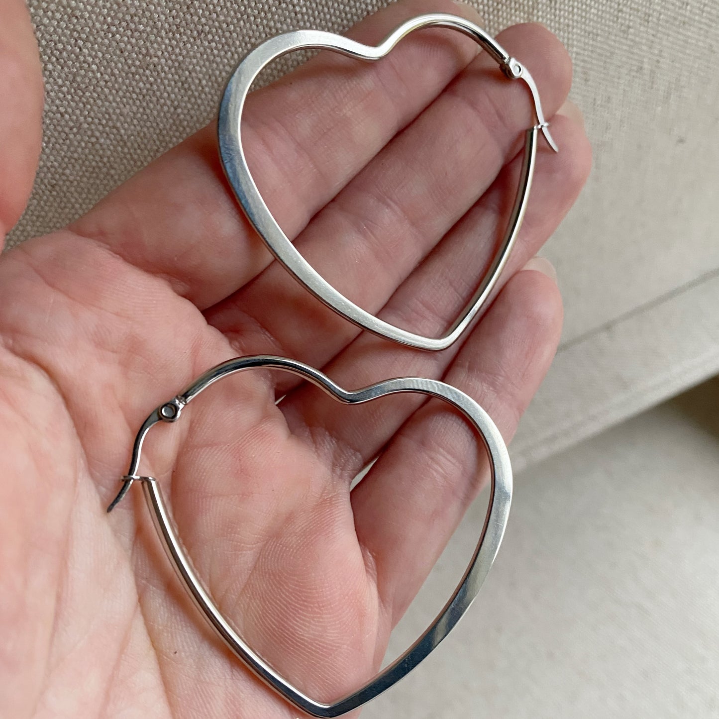 Extra Large Heart Hoops Silver Stainless Steel Statement Earrings