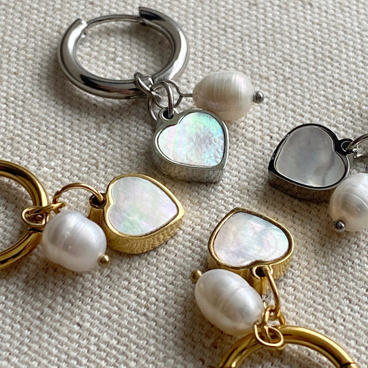 Pearl Heart Hoop Earrings Gold or Silver Stainless Steel Mother Of Pearl