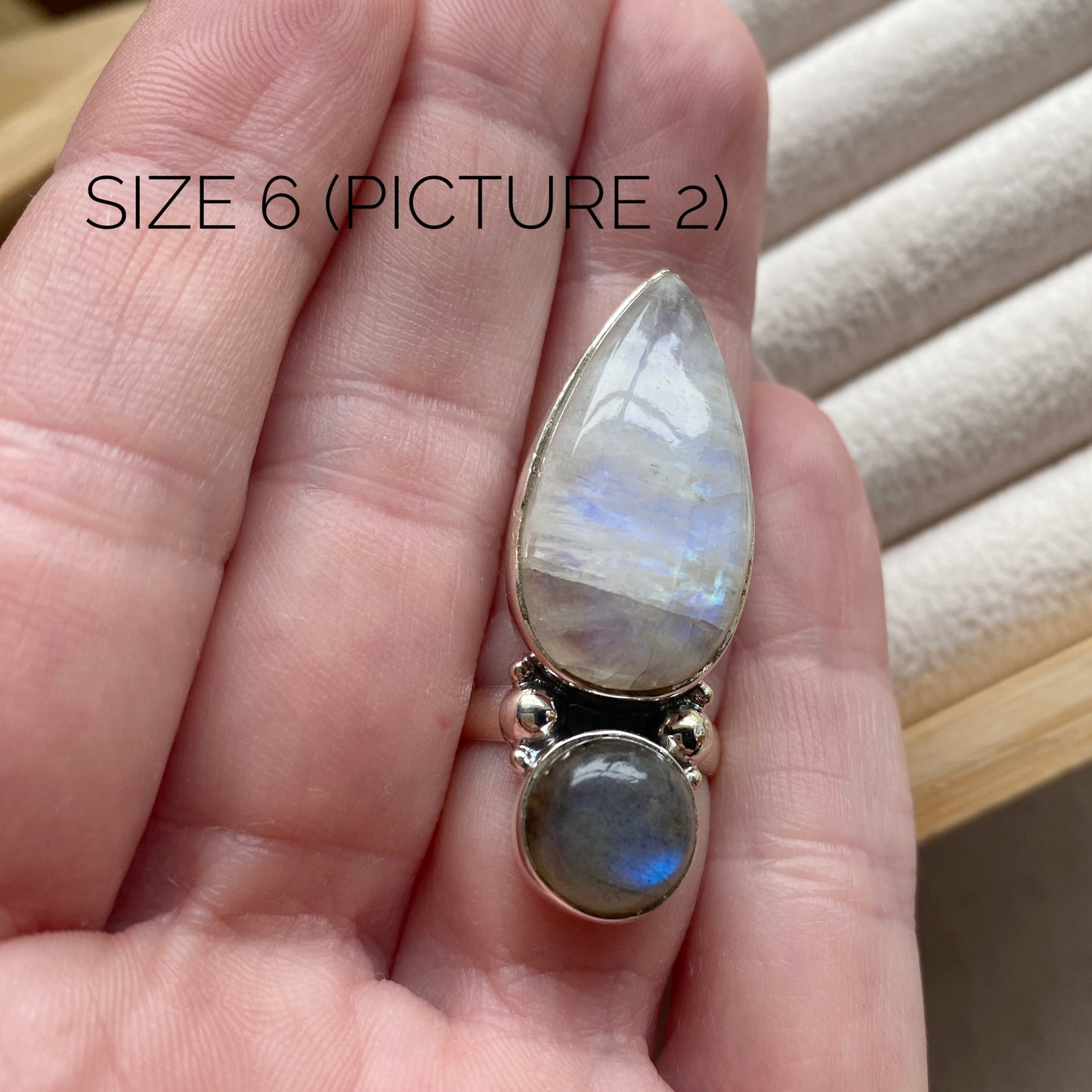 Labradorite and Moonstone Sterling Silver Statement Ring (one-of-a-kind - please review pictures and sizes carefully!)