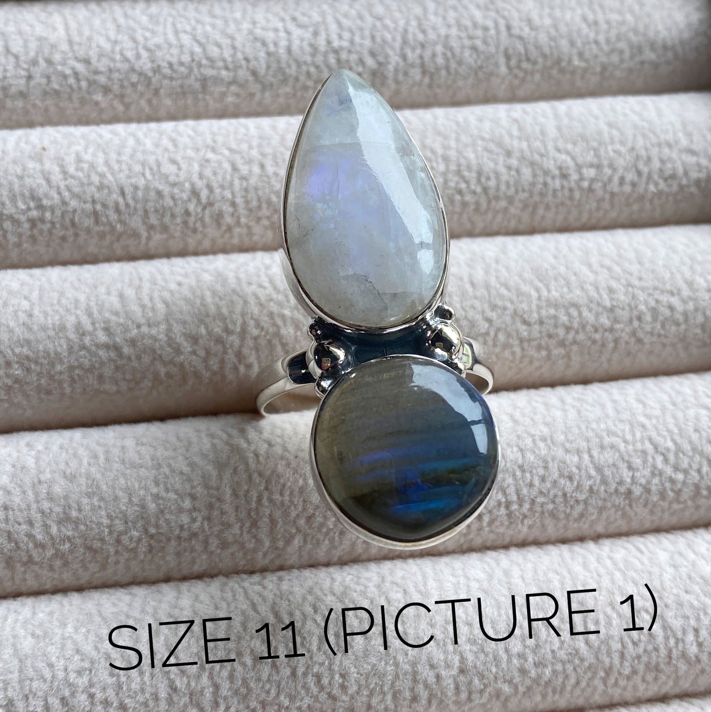 Labradorite and Moonstone Sterling Silver Statement Ring (one-of-a-kind - please review pictures and sizes carefully!)