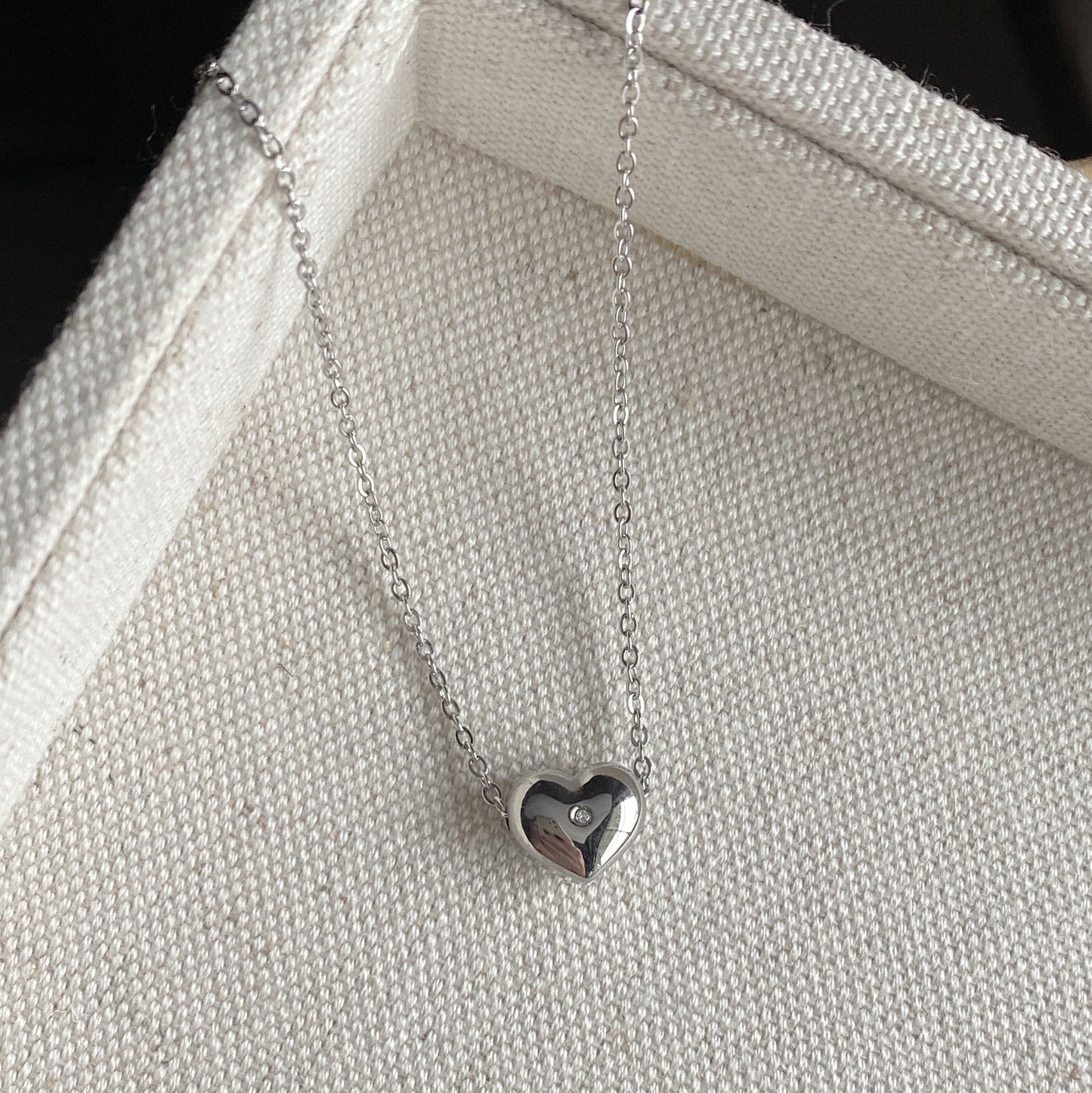 Silver Heart CZ Stainless Steel Puffy Heart Necklace