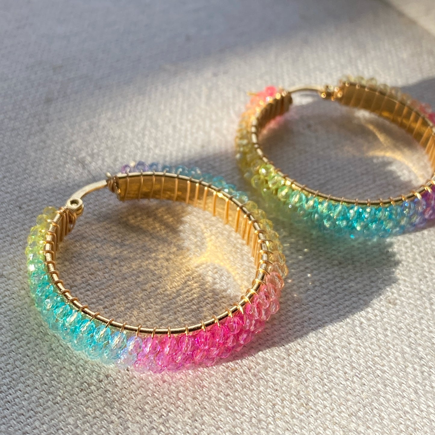 Beaded Rainbow Hoop Earrings Gold Stainless Steel Bright Colors