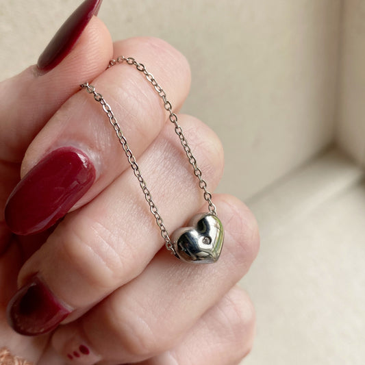 Silver Heart CZ Stainless Steel Puffy Heart Necklace