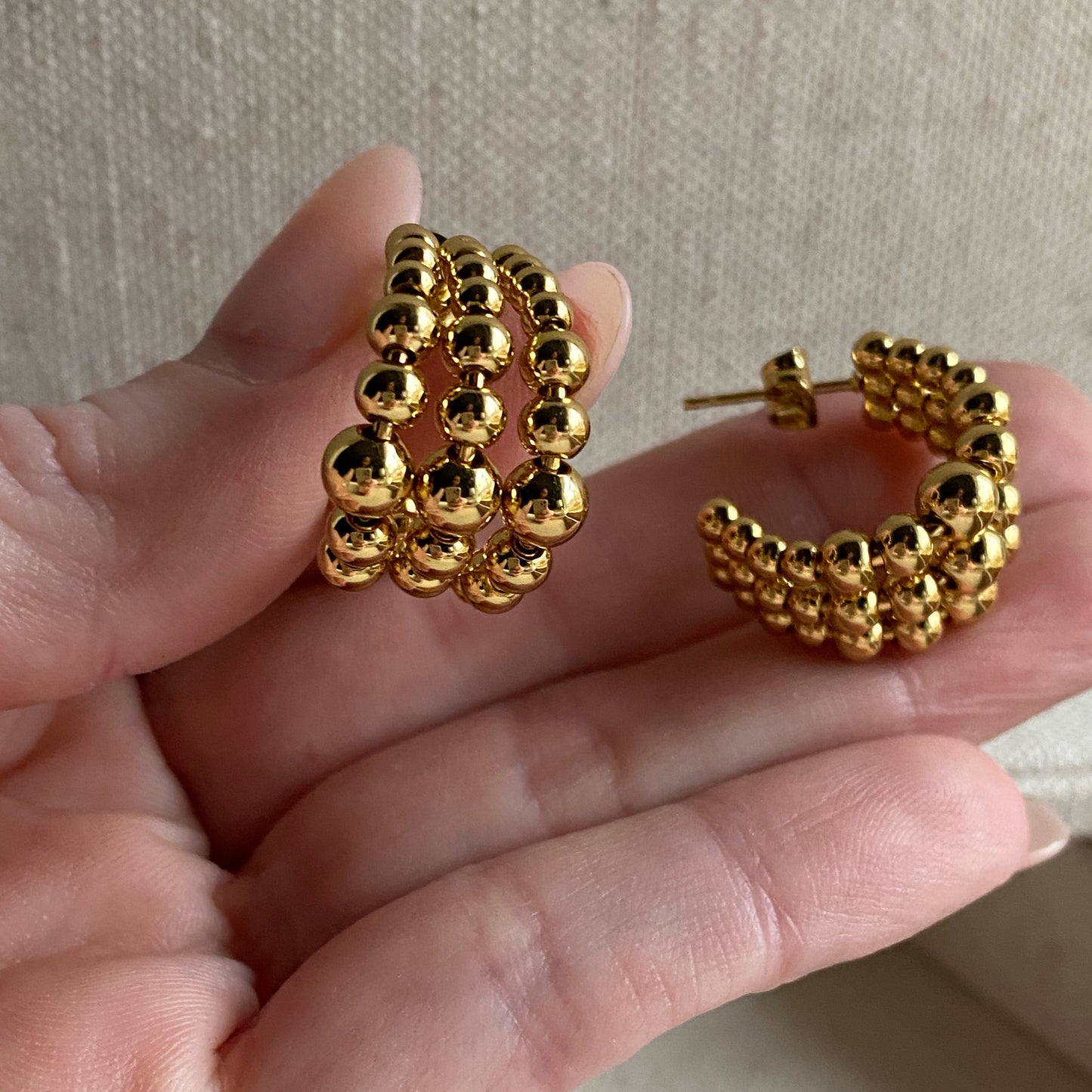 Triple Beaded Hoop Earrings Gold Stainless Steel