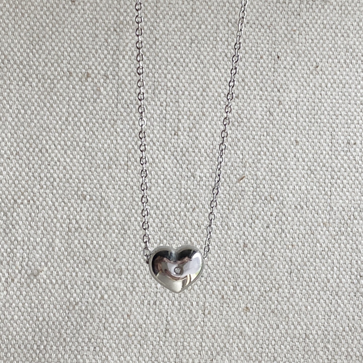 Silver Heart CZ Stainless Steel Puffy Heart Necklace