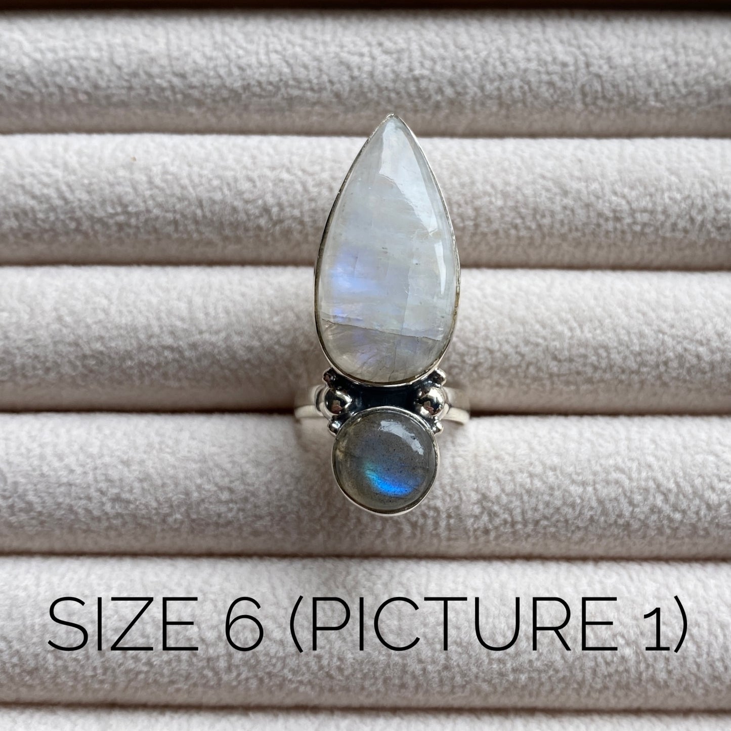 Labradorite and Moonstone Sterling Silver Statement Ring (one-of-a-kind - please review pictures and sizes carefully!)