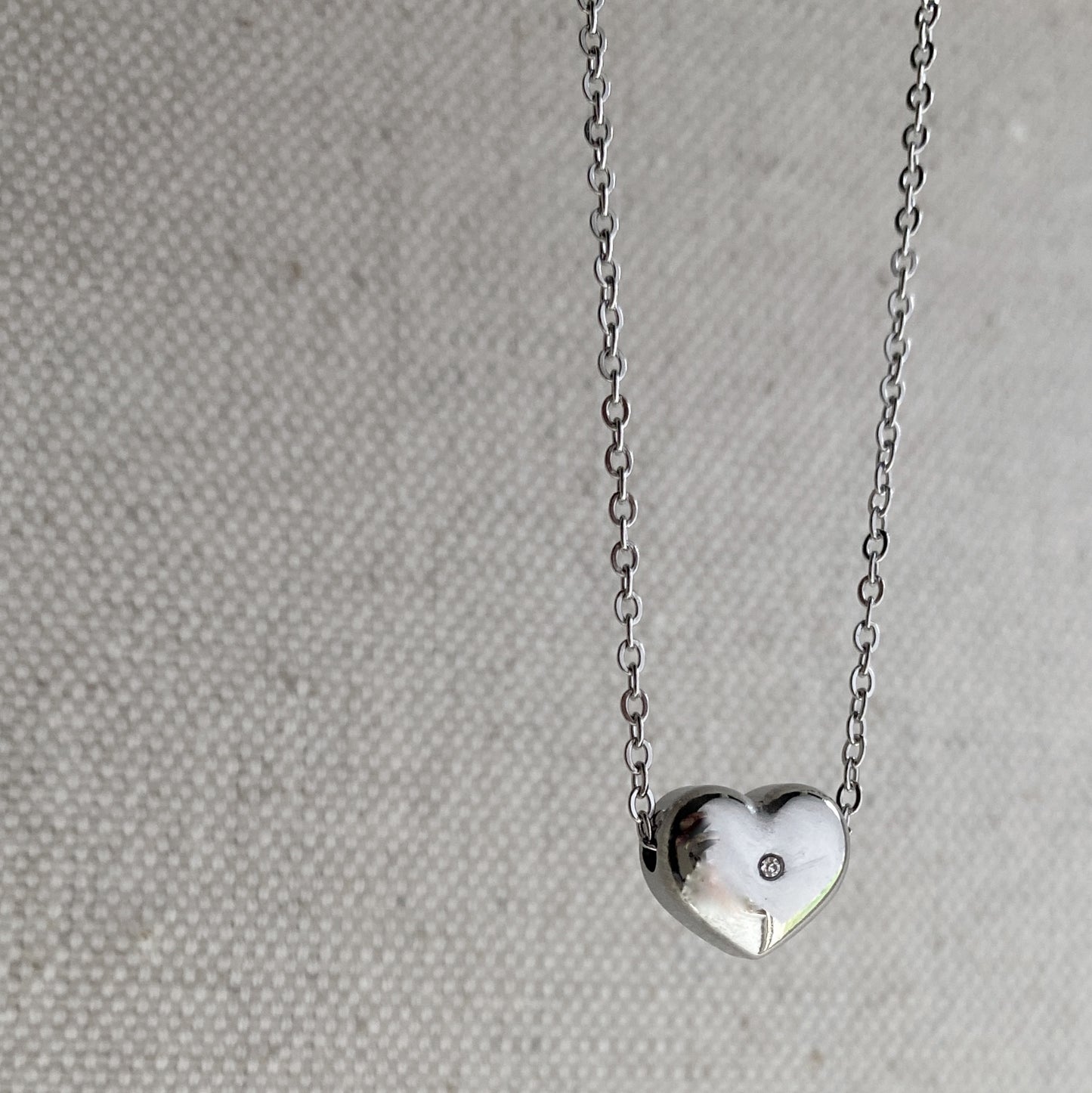 Silver Heart CZ Stainless Steel Puffy Heart Necklace