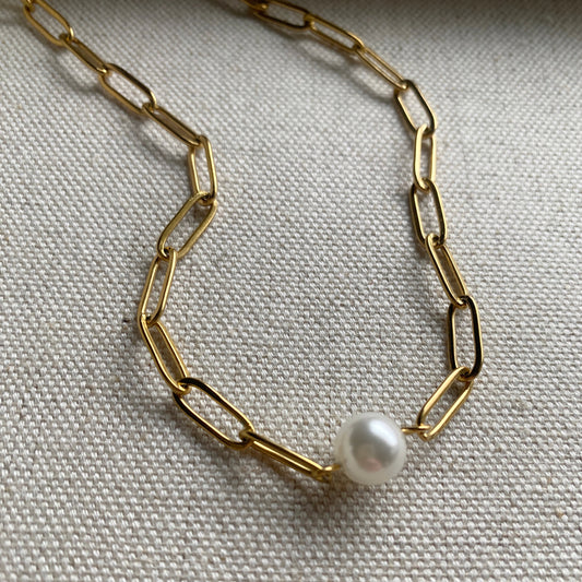 Paperclip Necklace Pearl Chunky Silver or Gold Waterproof Jewelry