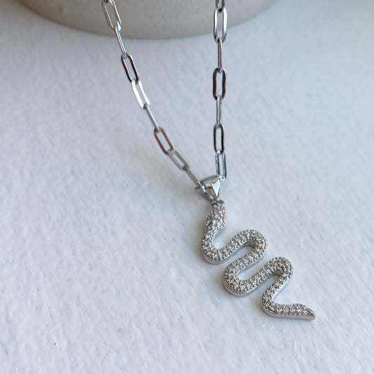 Silver Snake Necklace Stainless Steel Paperclip Chain CZ Jewelry