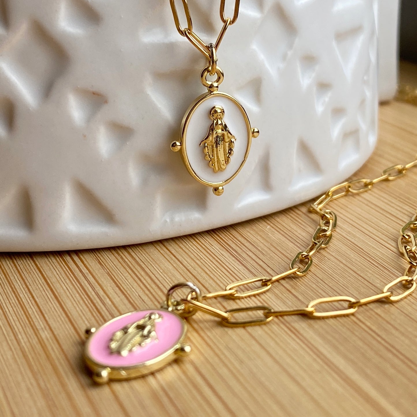 Mary Necklace Gold Enamel Stainless Steel Paperclip Waterproof Sacred Mother Jewelry Pink or White