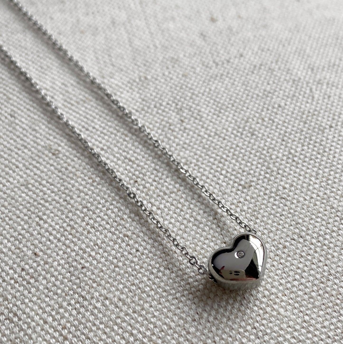 Silver Heart CZ Stainless Steel Puffy Heart Necklace