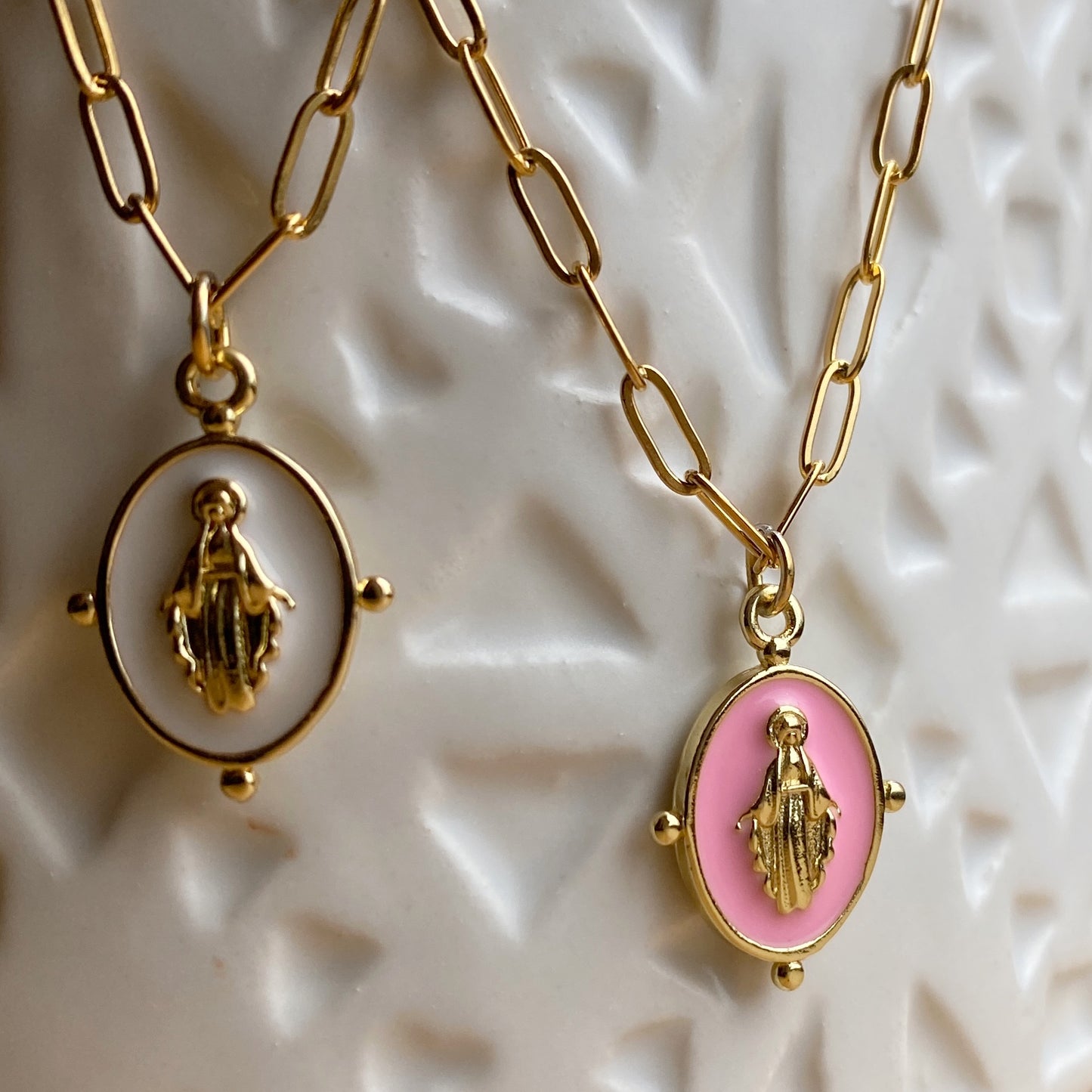 Mary Necklace Gold Enamel Stainless Steel Paperclip Waterproof Sacred Mother Jewelry Pink or White