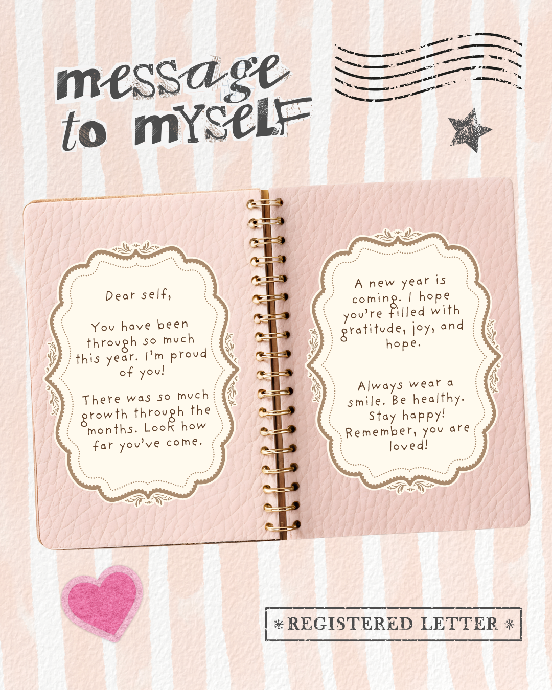Open notebook with a message to self on a striped background