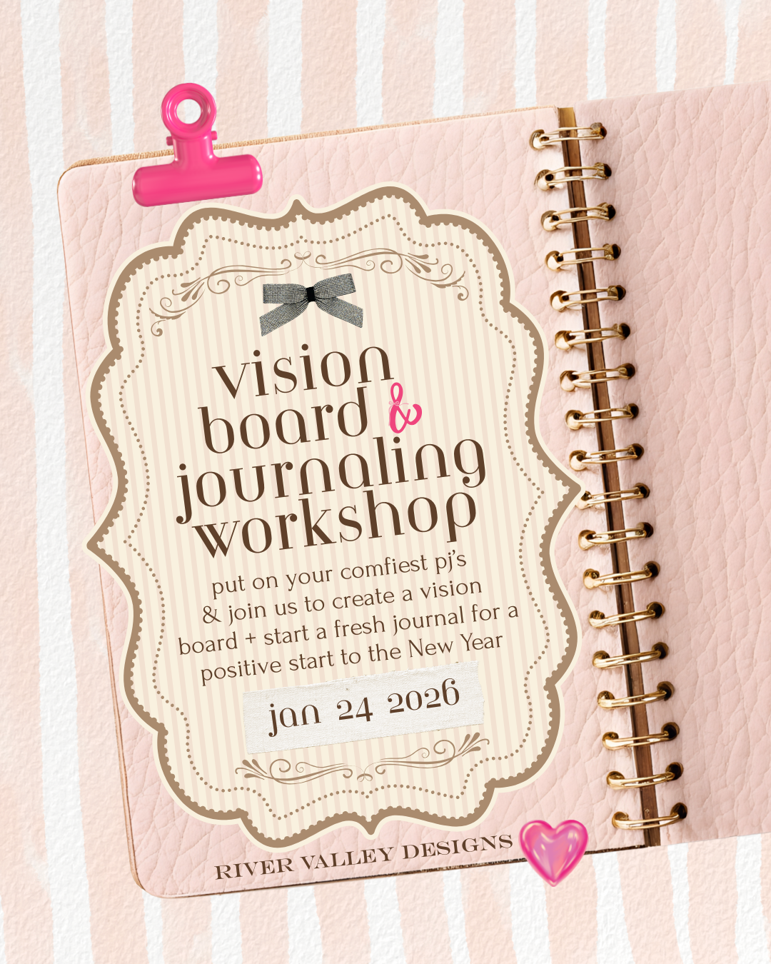 Promotional flyer for a vision board and journaling workshop on a pink background