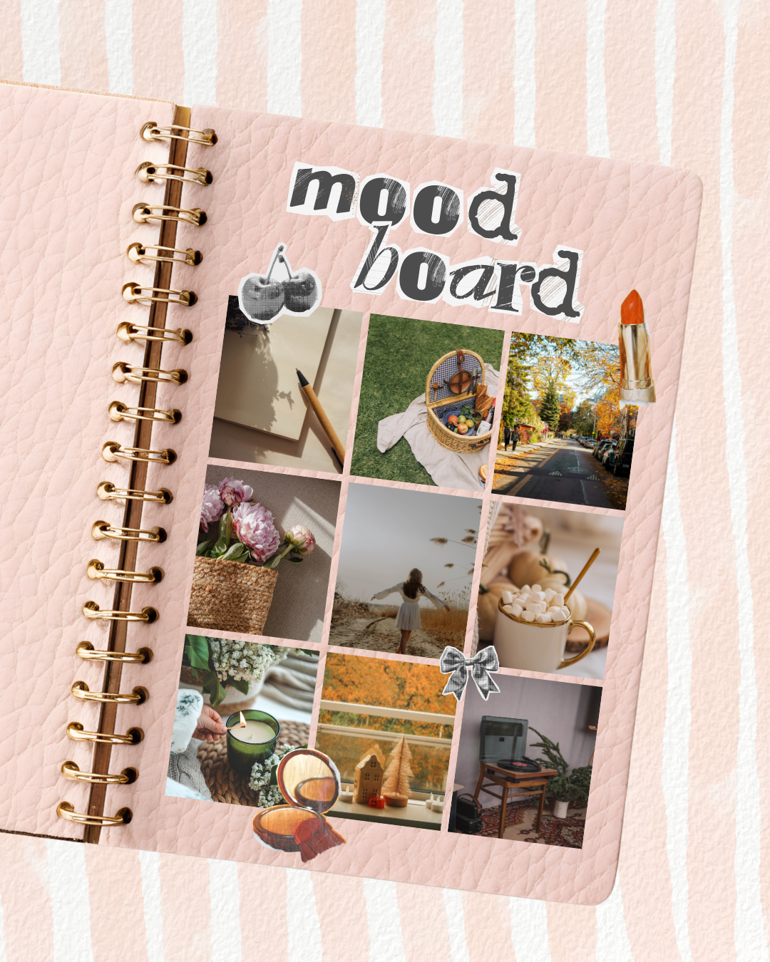 Pink mood board with various images and text on a striped background
