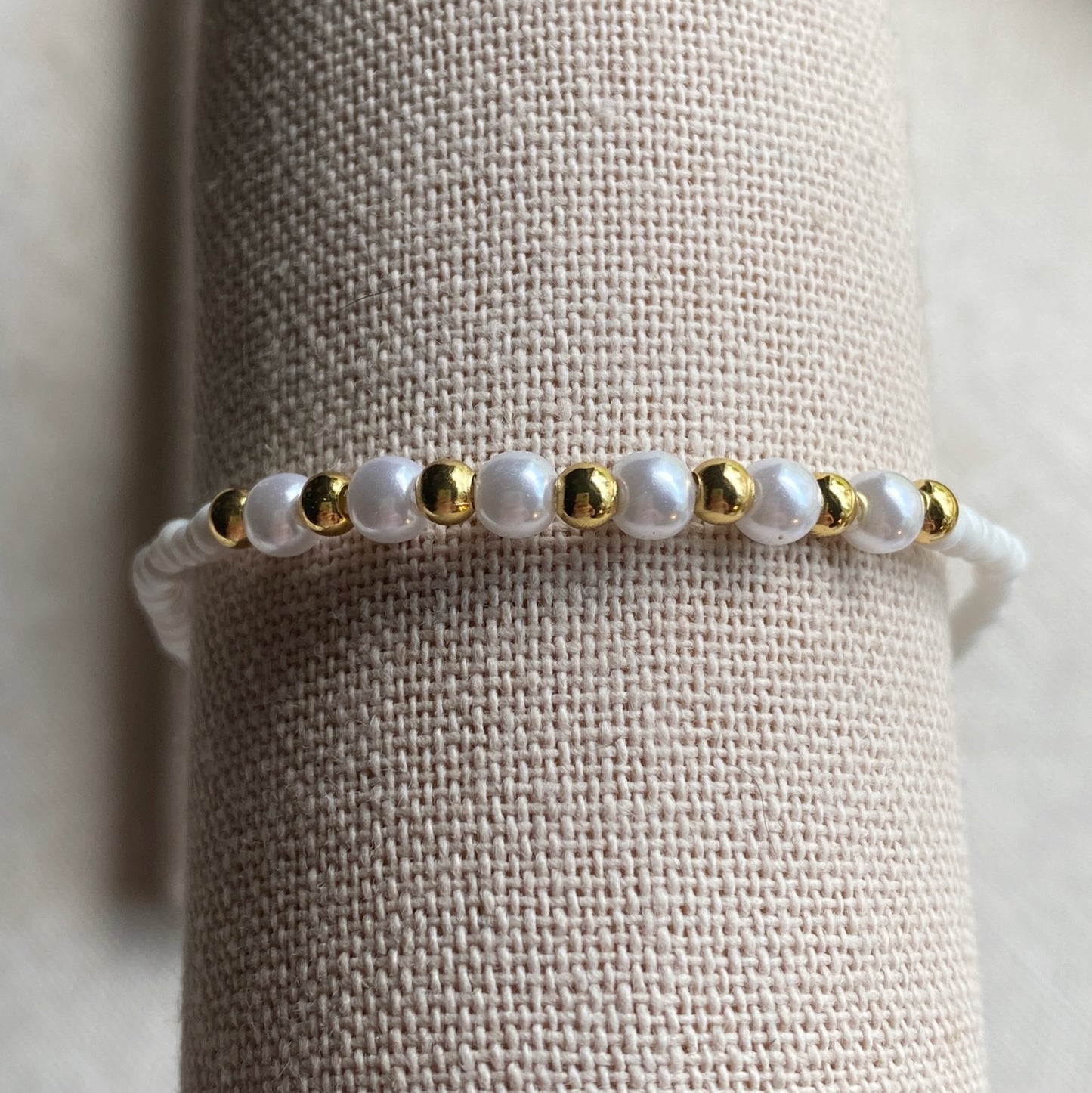 White Seed Bead + Pearl & Gold Dainty Adjustable Stacking Bracelet