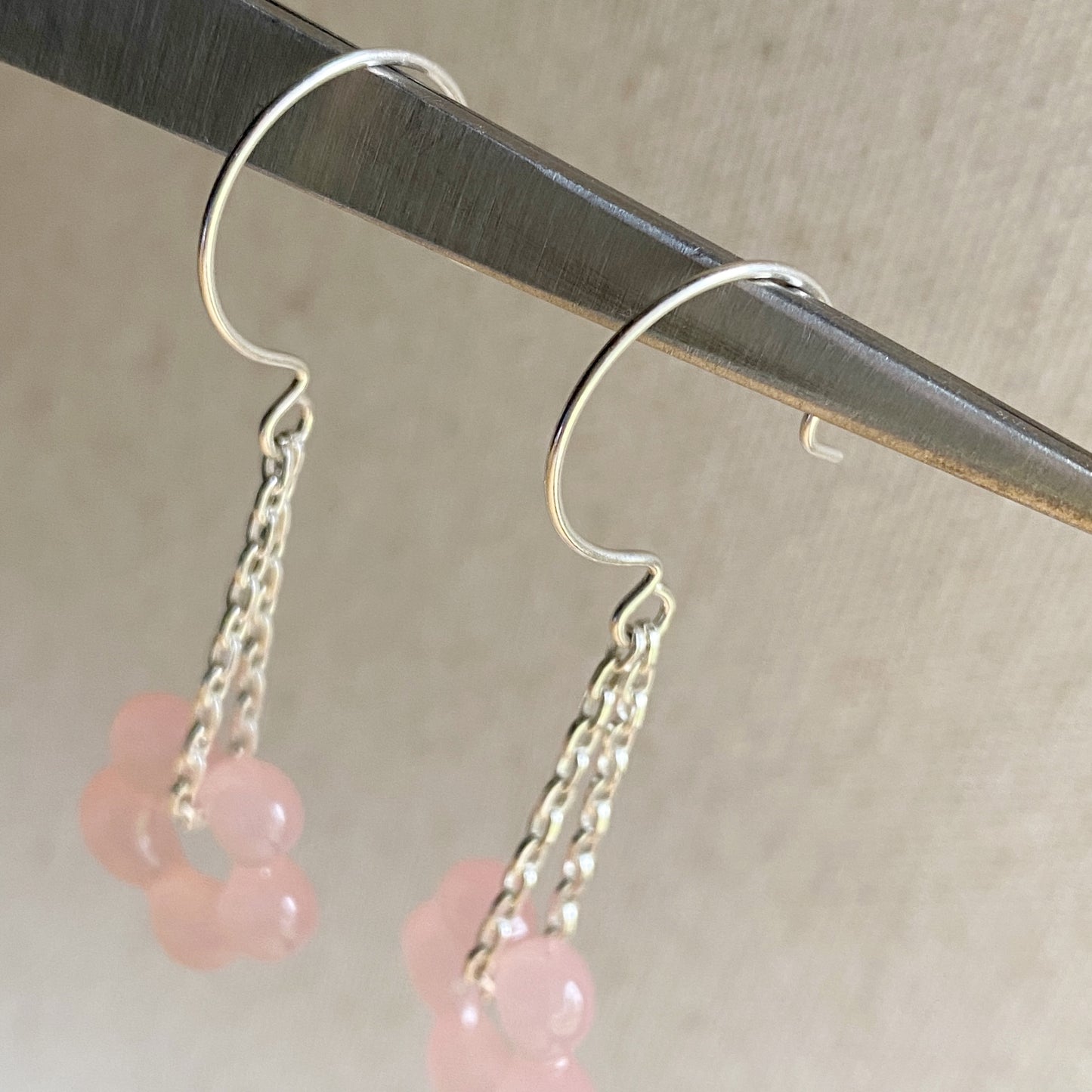 Flower Dangle Chain Earrings Pink Silver Hook Earrings