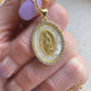 Gold Mother of Pearl Sacred Mother Necklace CZ Pendant Paperclip Religious Mary Medallion