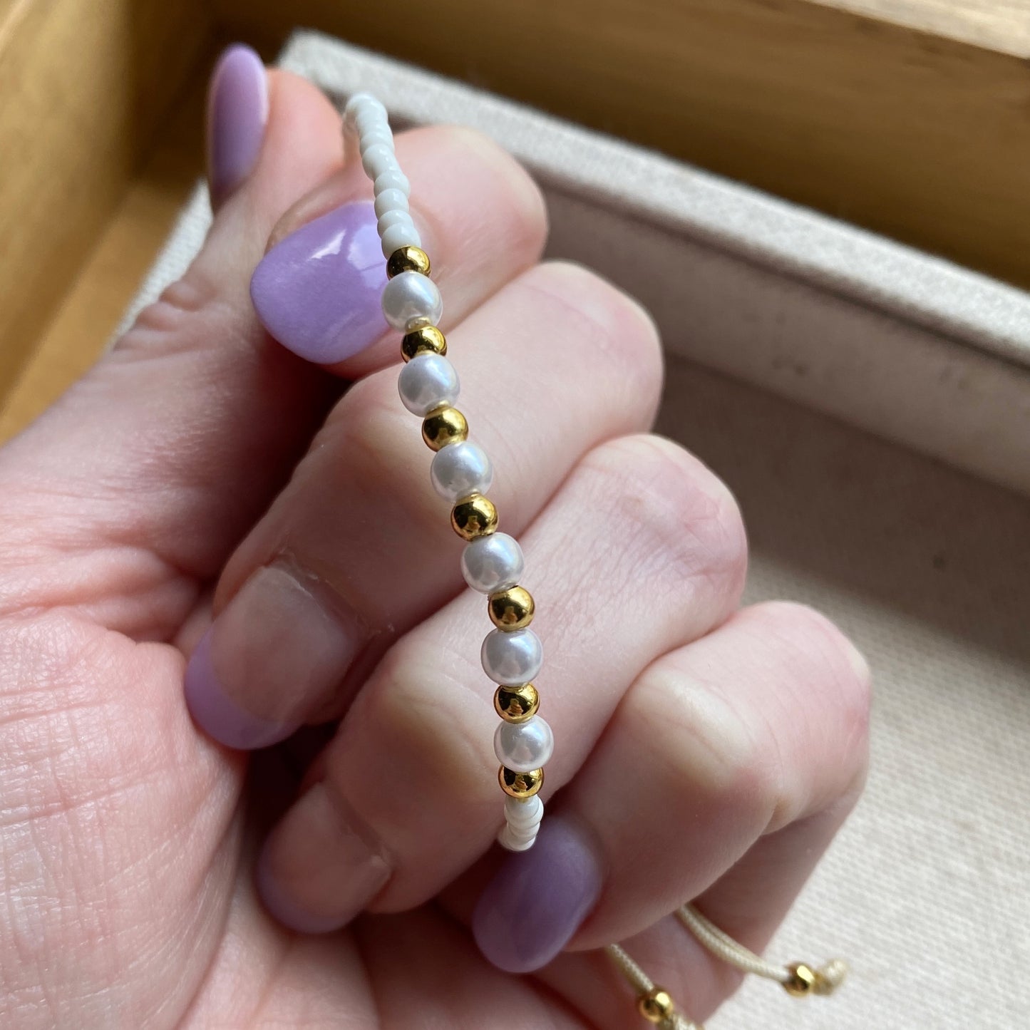 White Seed Bead + Pearl & Gold Dainty Adjustable Stacking Bracelet